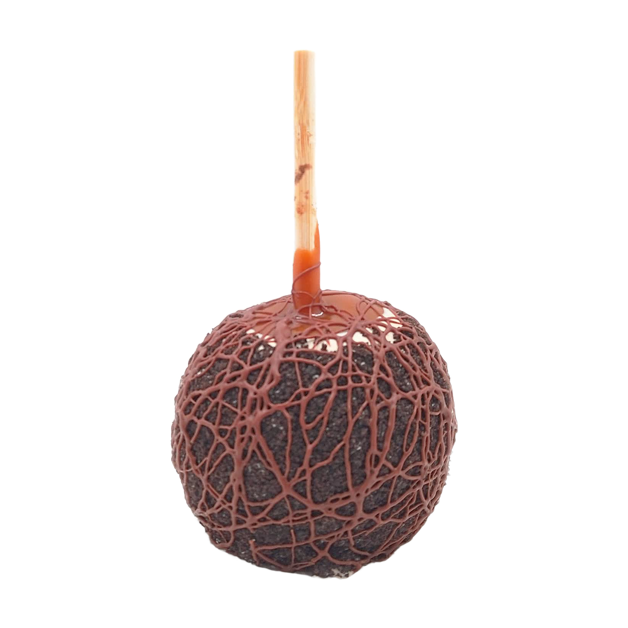 Caramel apple rolled in dark cookie crumb with a fine chocolate lace drizzle