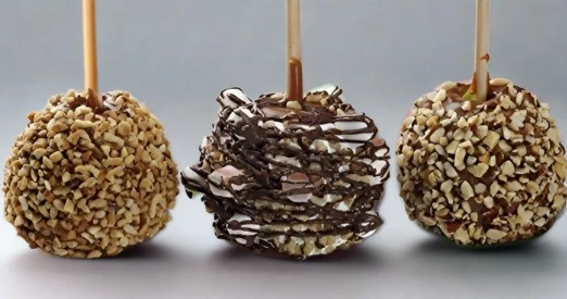 Three caramel apples coated in chopped and toasted nuts, one with chocolate drizzle